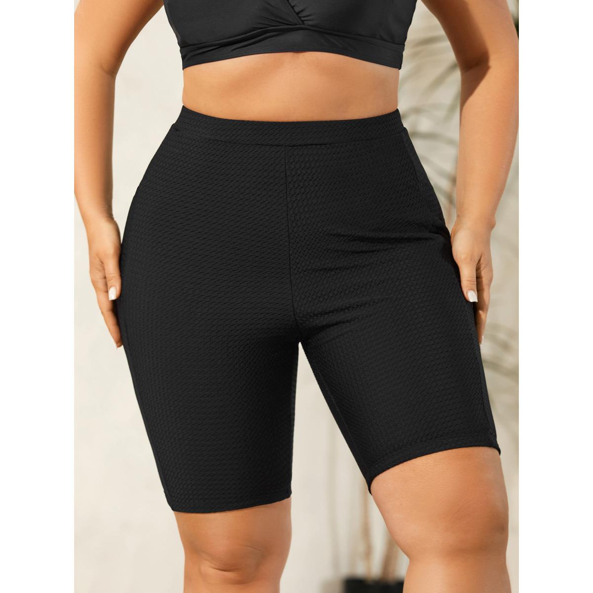 Plus Size Textured Side Pockets Sculpting Swim Bottoms Women's Swimwear Black Resort Texture High stretch Skinny High Rise Side seam pocket Curve Swim Bottoms BloomChic 28/5X Product Image