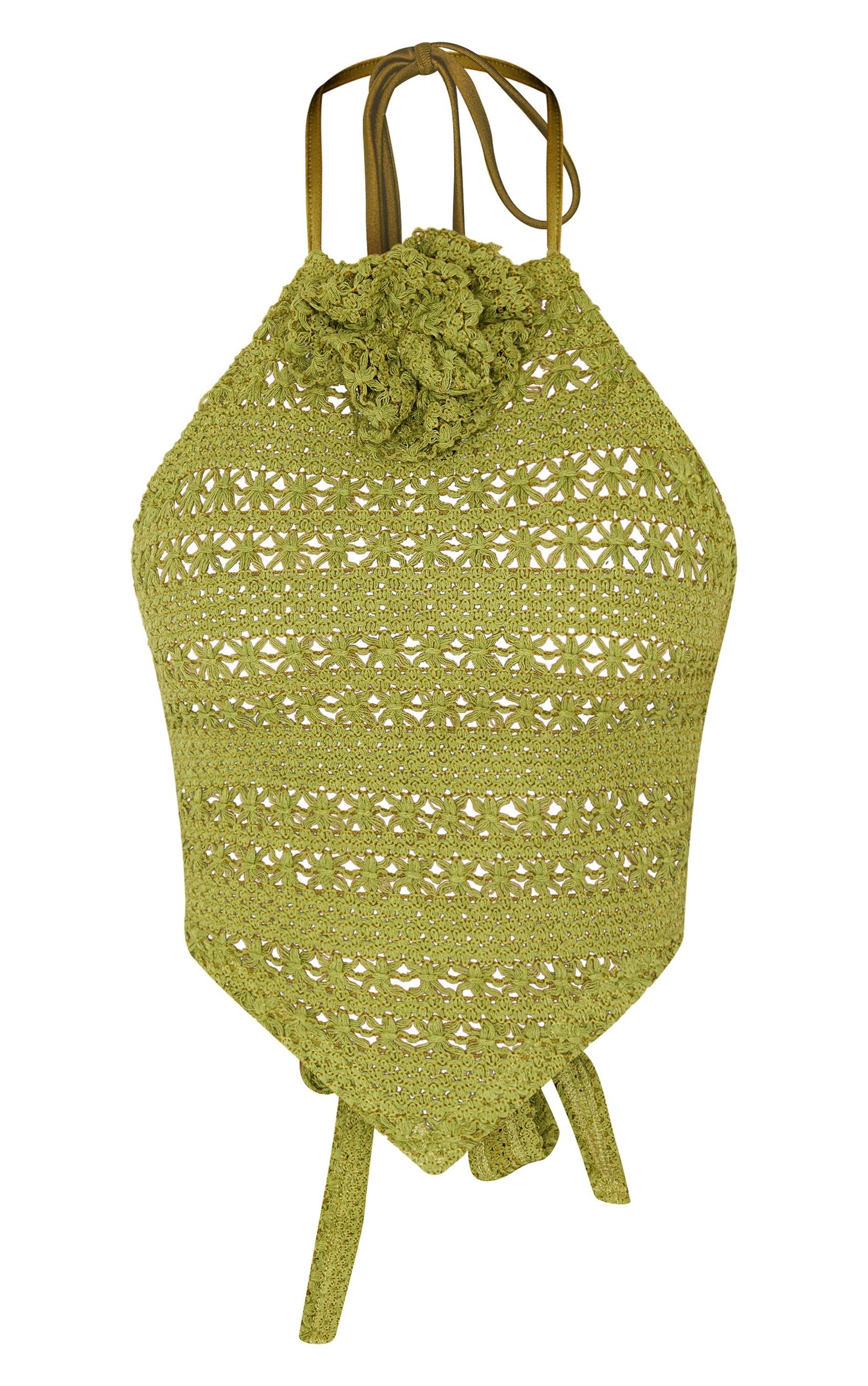 Khaki Crochet Flower Detail Halterneck Beach Top Product Image