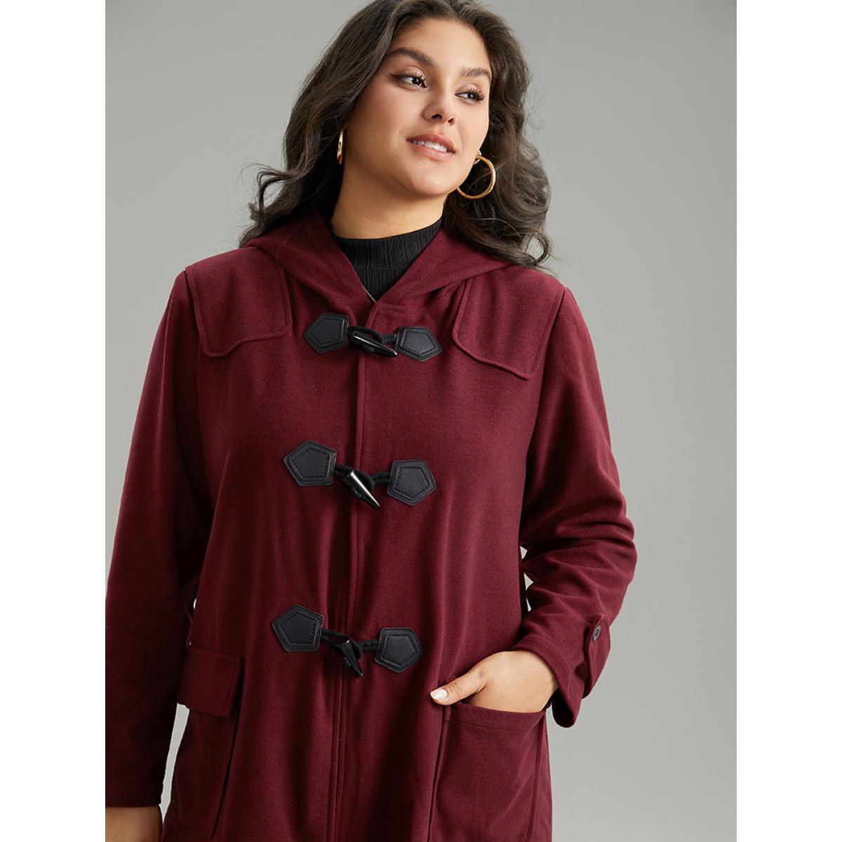 Plus Size Plain Duffle Button Pocket Hooded Coat Women Burgundy Casual Contrast Ladies Dailywear Winter Coats BloomChic 10/M Product Image