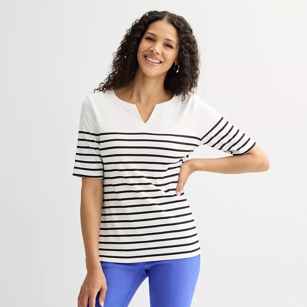 Women's Croft & Barrow® Elbow-Sleeve Splitneck Top, Size: Medium, Wht Black Placed Stripe Product Image