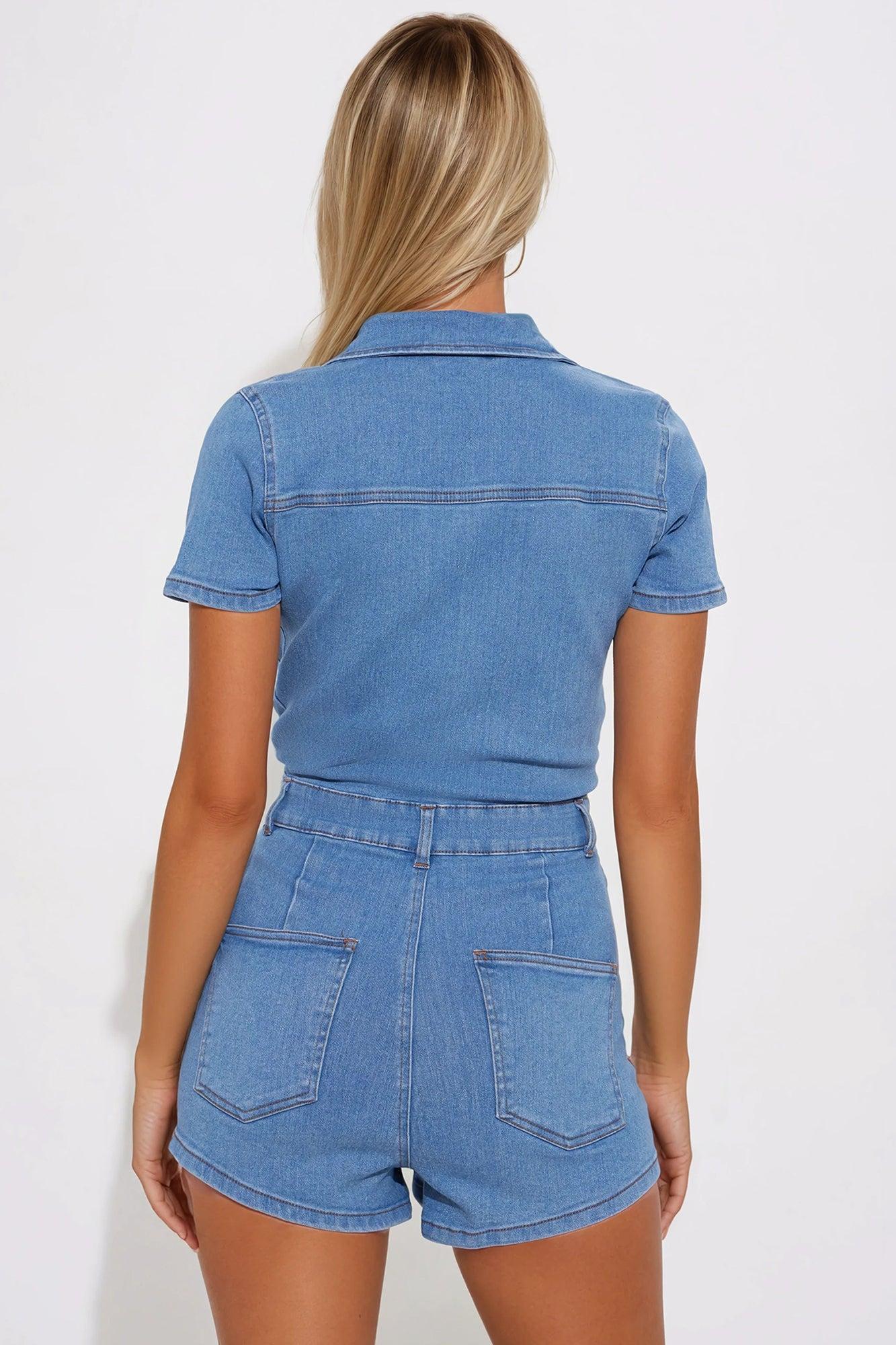 Can't Tell A Lie Zip Up Denim Romper - Medium Wash Product Image