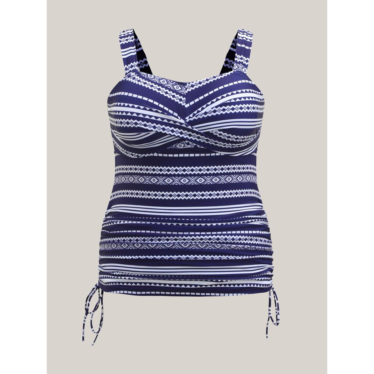 Plus Size Geometric Stripe Twist Front Swim Top Women's Swimwear Indigo Beach Twist High stretch Skinny Non Curve Swim Tops BloomChic 28/5X Product Image