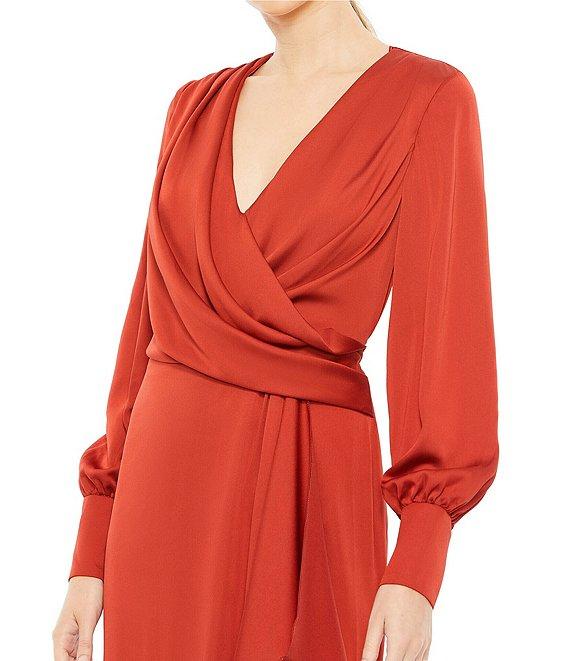 Mac Duggal Satin Surplice V-Neck Long Bishop Sleeve Front Thigh High Slit Gown Product Image