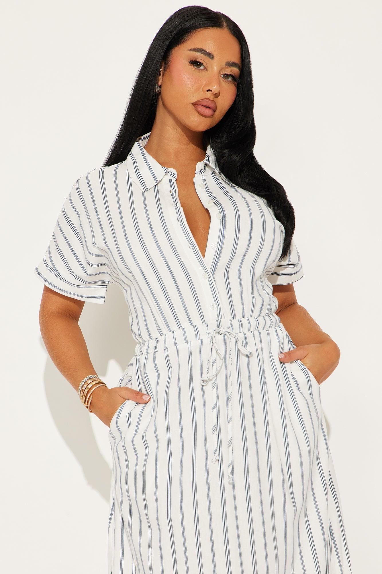 Casual Day Pinstripe Linen Midi Dress - Navy/combo Product Image