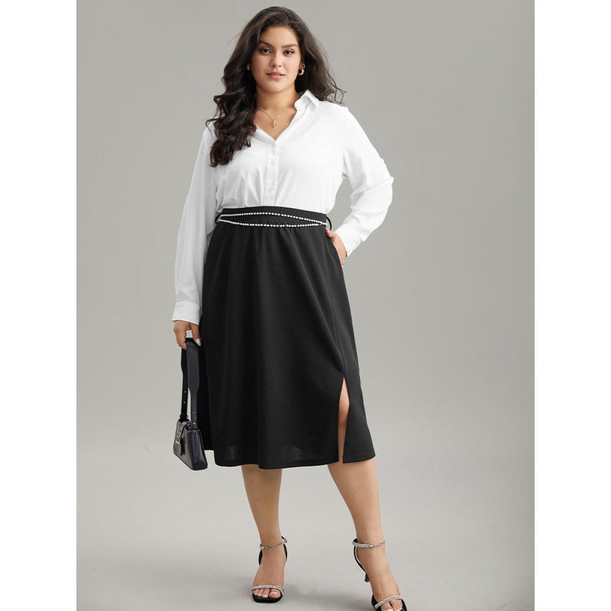 Plus Size Plain Pearl Beaded Detail Split Side Skirt Women Black Office Style accents No stretch Belt Office Skirts BloomChic 12/L Product Image