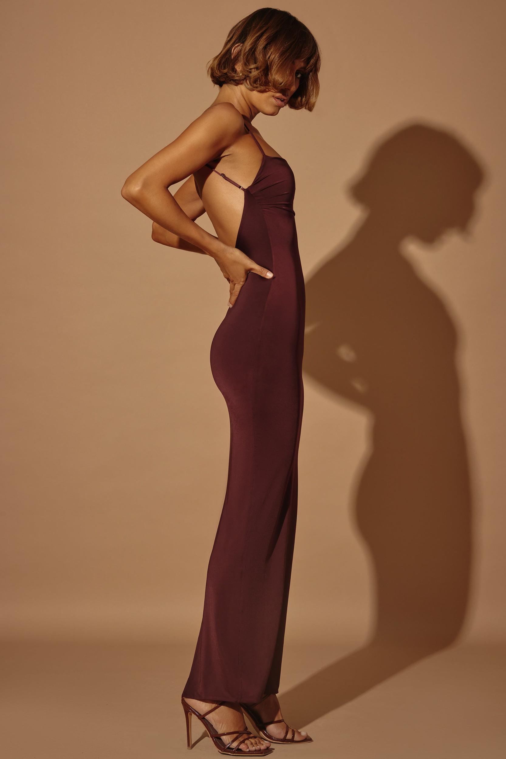 Ruched Bodycon Maxi Dress in Brown Product Image