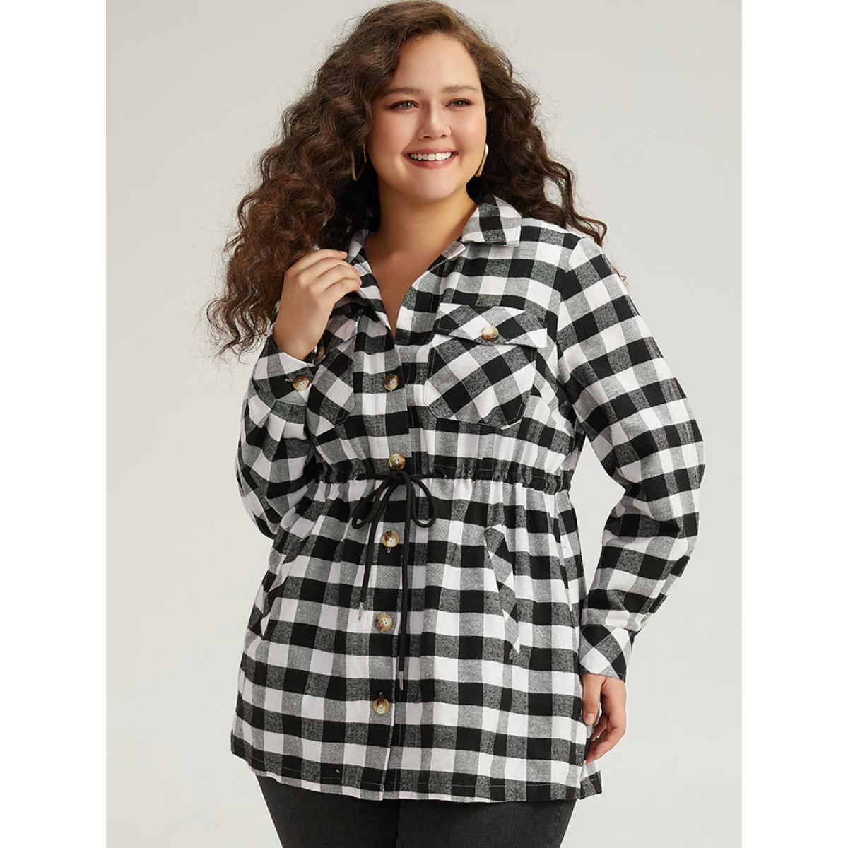 Plus Size Halloween Plaid Drawstring Pocket Button Through Coat Women Black Drawstring Pocket Dailywear Jackets BloomChic 10/M Product Image