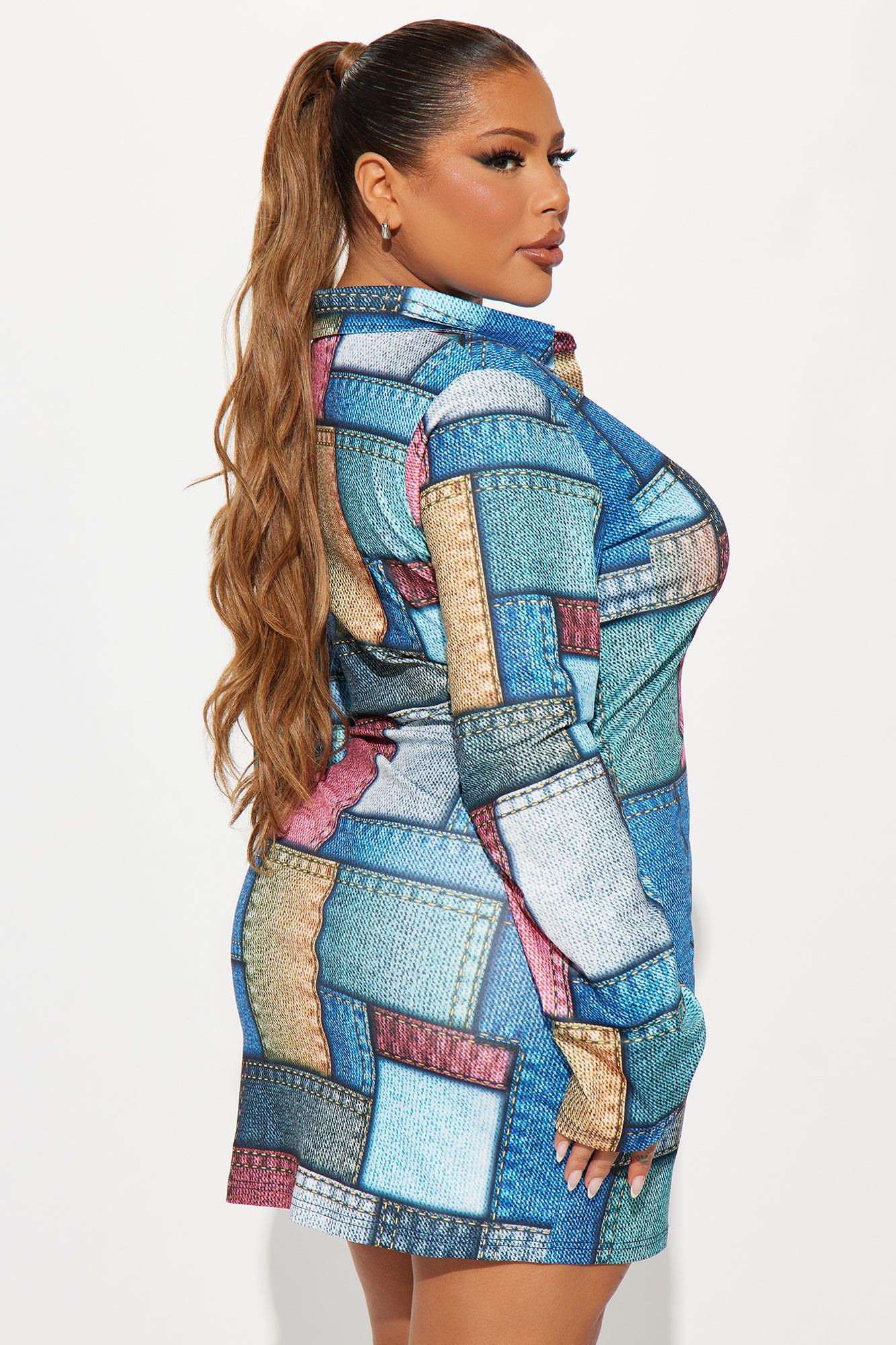 All Patched Up Mini Shirt Dress - Blue/combo Product Image