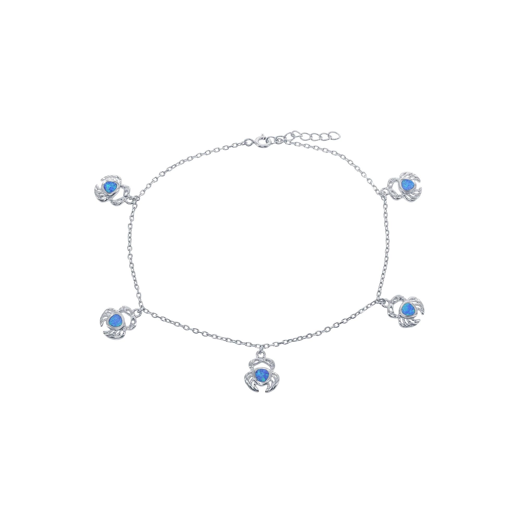 Sterling Silver Lab-Created Blue Opal Crab Anklet, Womens Product Image