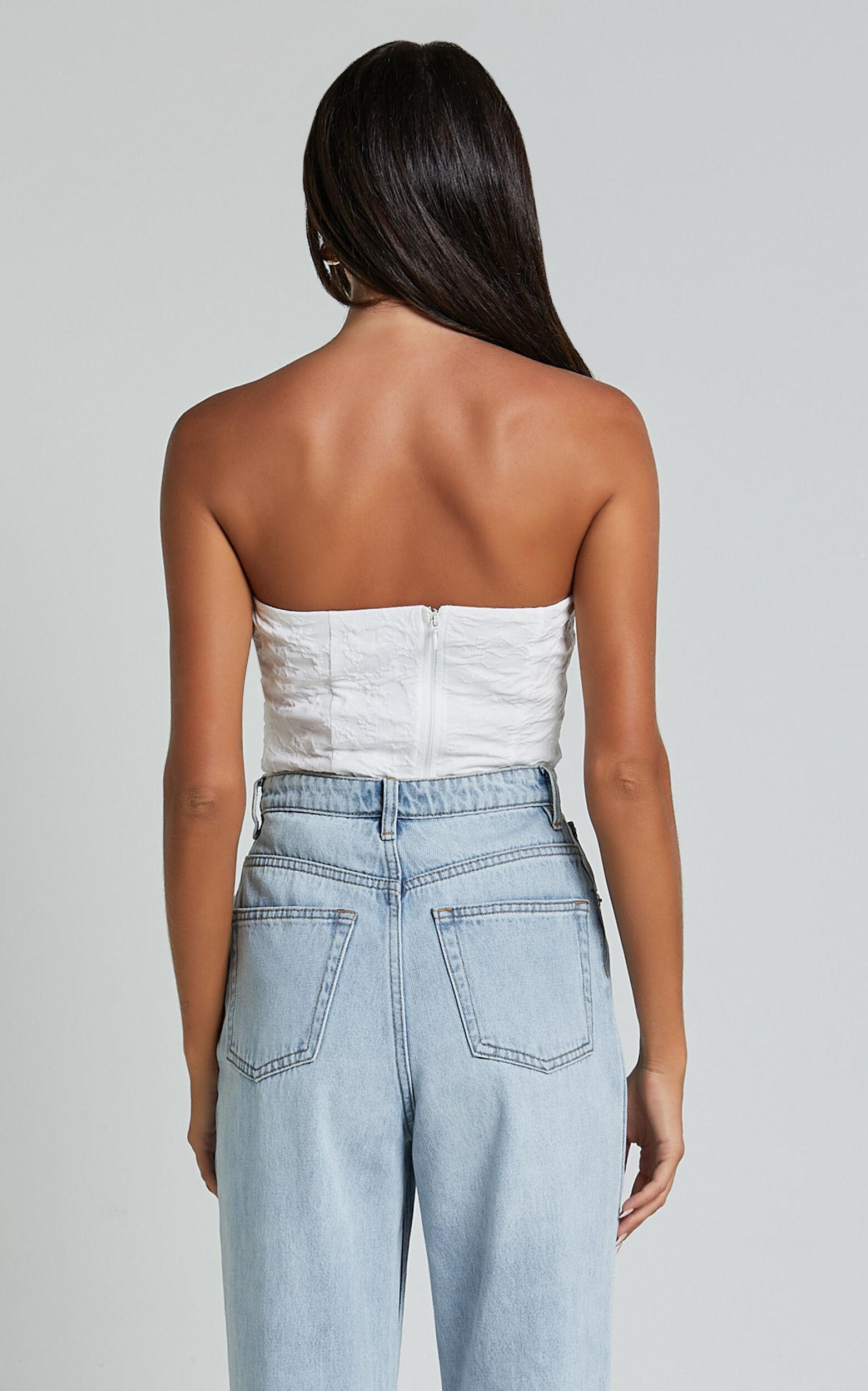 Brooke Top - Strapless Jacquard Detachable Rosette Top in White Product Image