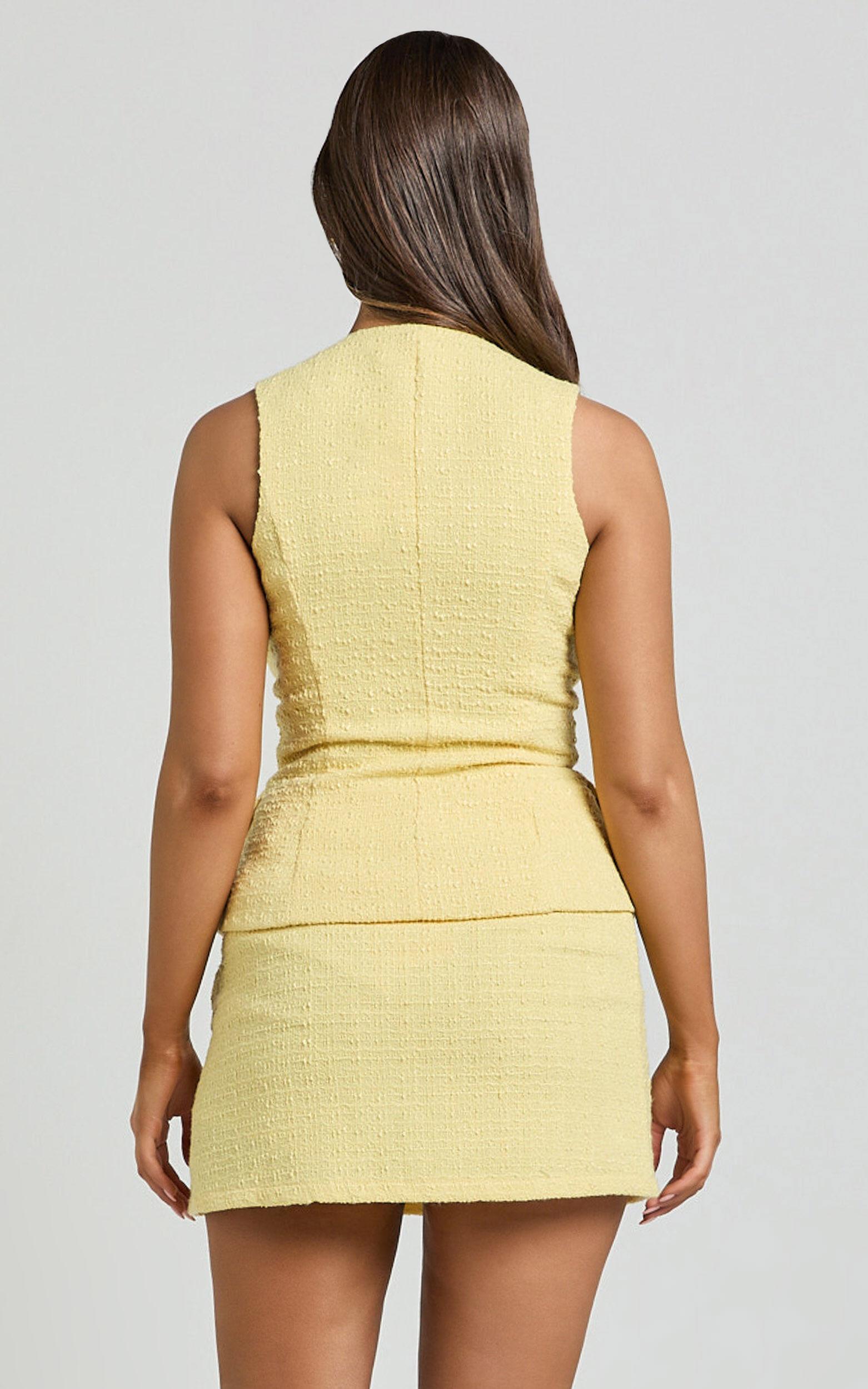 Mika Top - Boucle Plunge Neck Pearl Button Vest in Lemon Product Image
