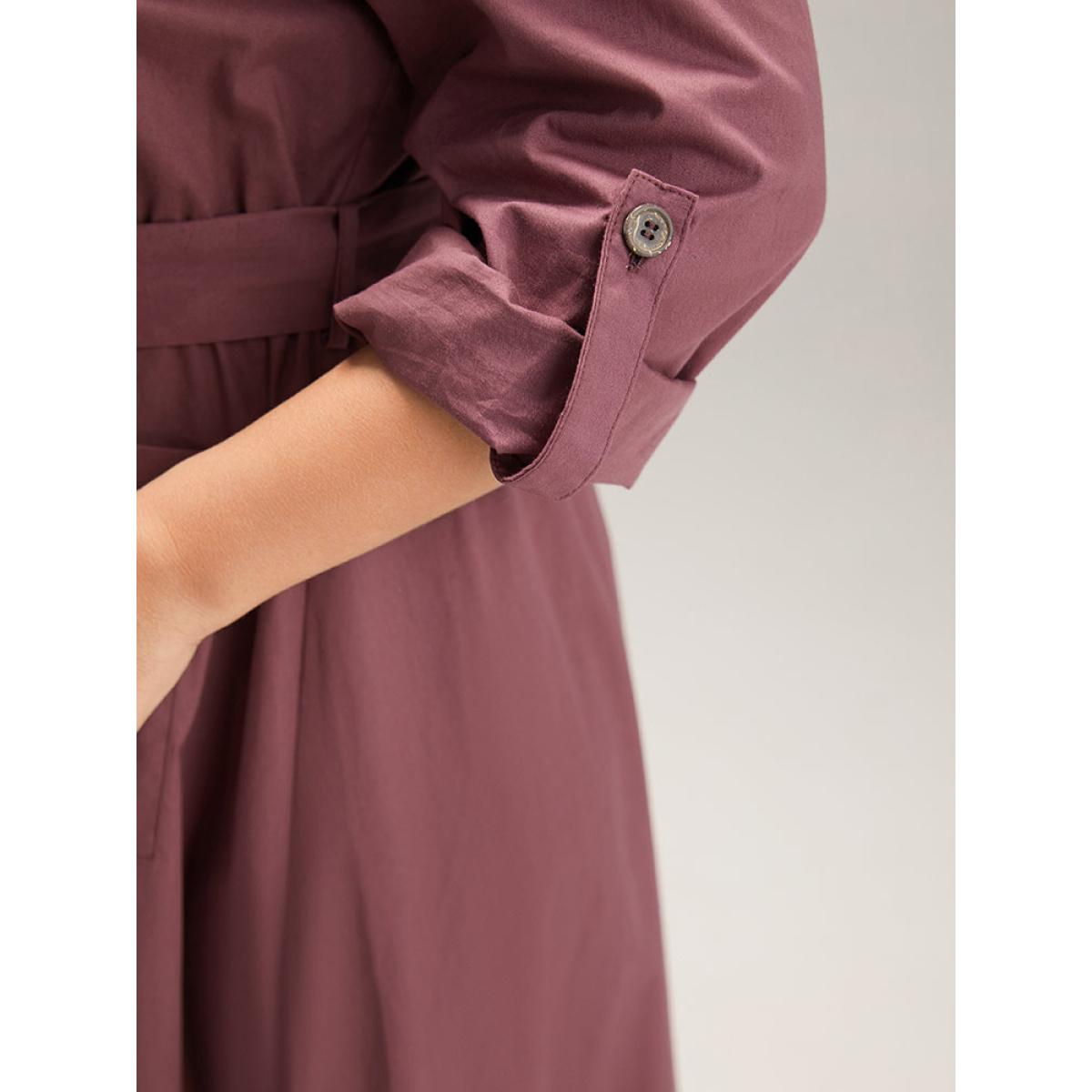 Plus Size Cotton Solid Buckle Detail Pocket Dress Burgundy Women Office Plain Shirt collar Long Sleeve Curvy Midi Dress BloomChic 18-20/2X Product Image