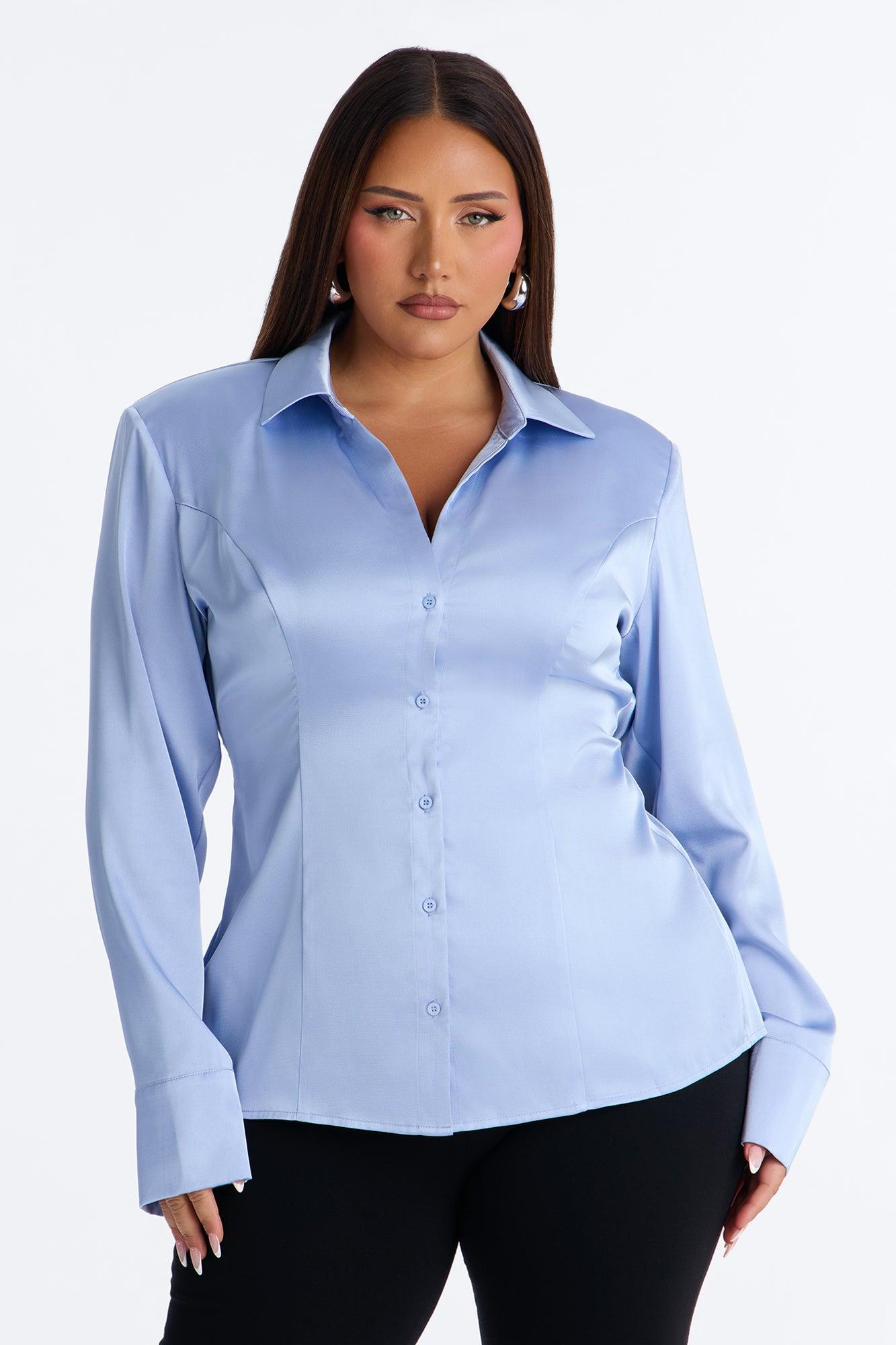 She Sets The Tone Shoulder Pads Satin Shirt - Periwinkle Female Product Image