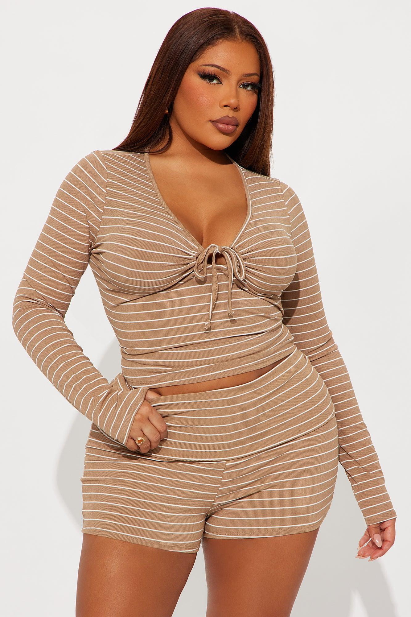 Have A Go Striped Fold Over Short Set - Khaki/combo Female Product Image