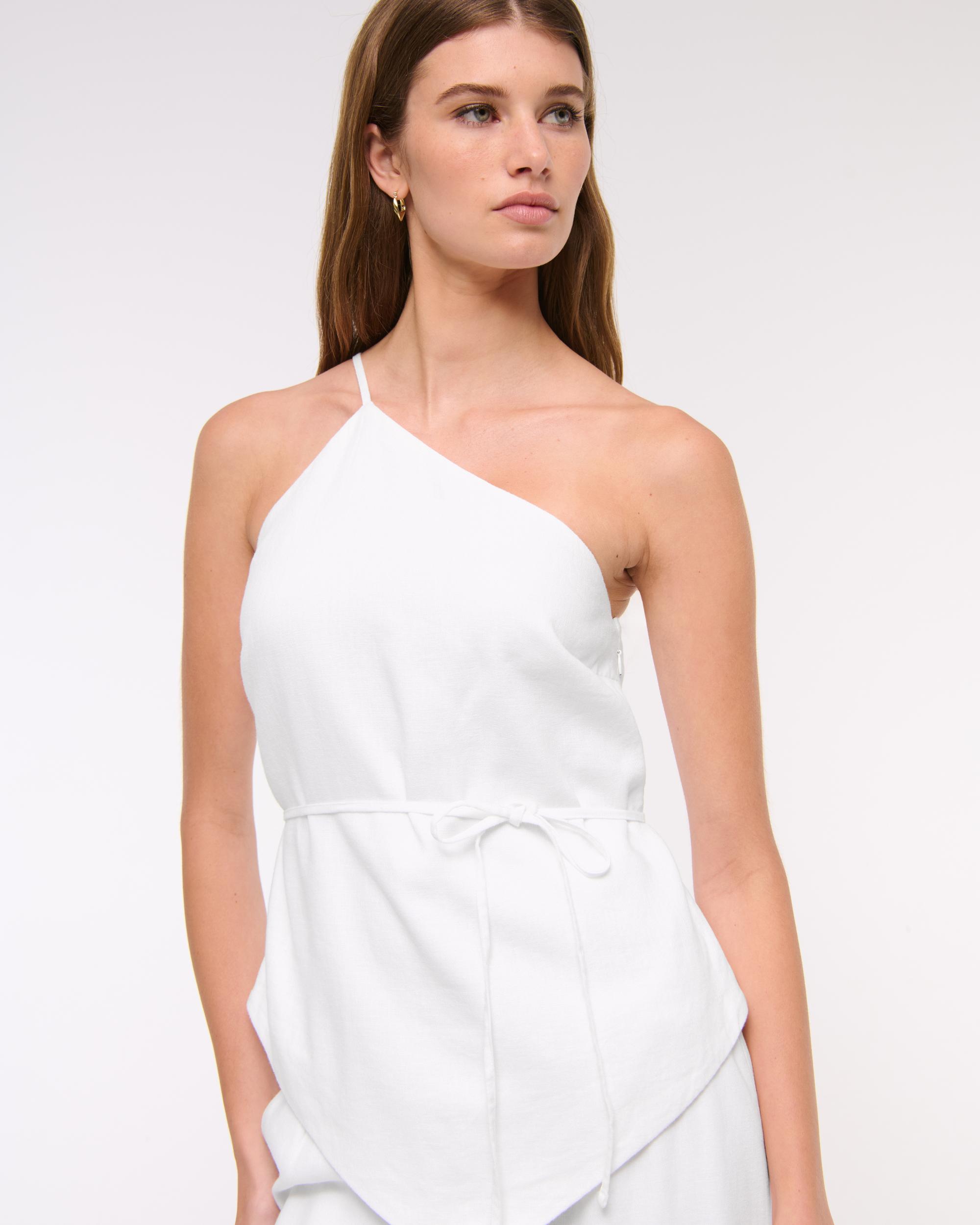 One-Shoulder Asymmetrical Linen-Blend Top Product Image