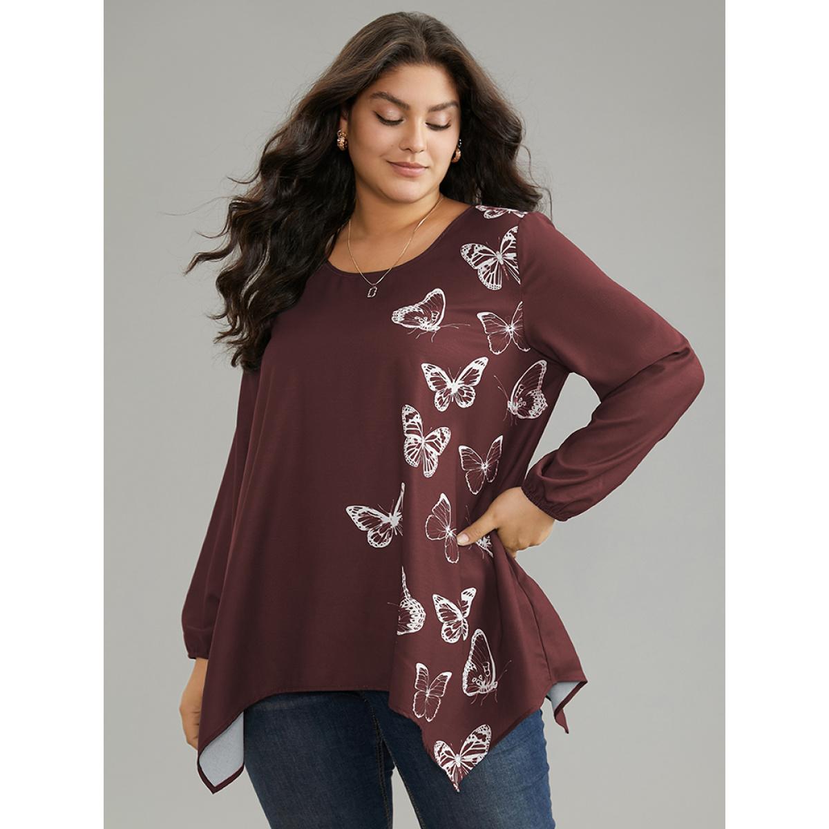 Plus Size Scarlet Butterfly Crew Neck Lantern Sleeve Hanky Hem Blouse Women Elegant Long Sleeve Round Neck Work Blouses BloomChic 28/5X Product Image