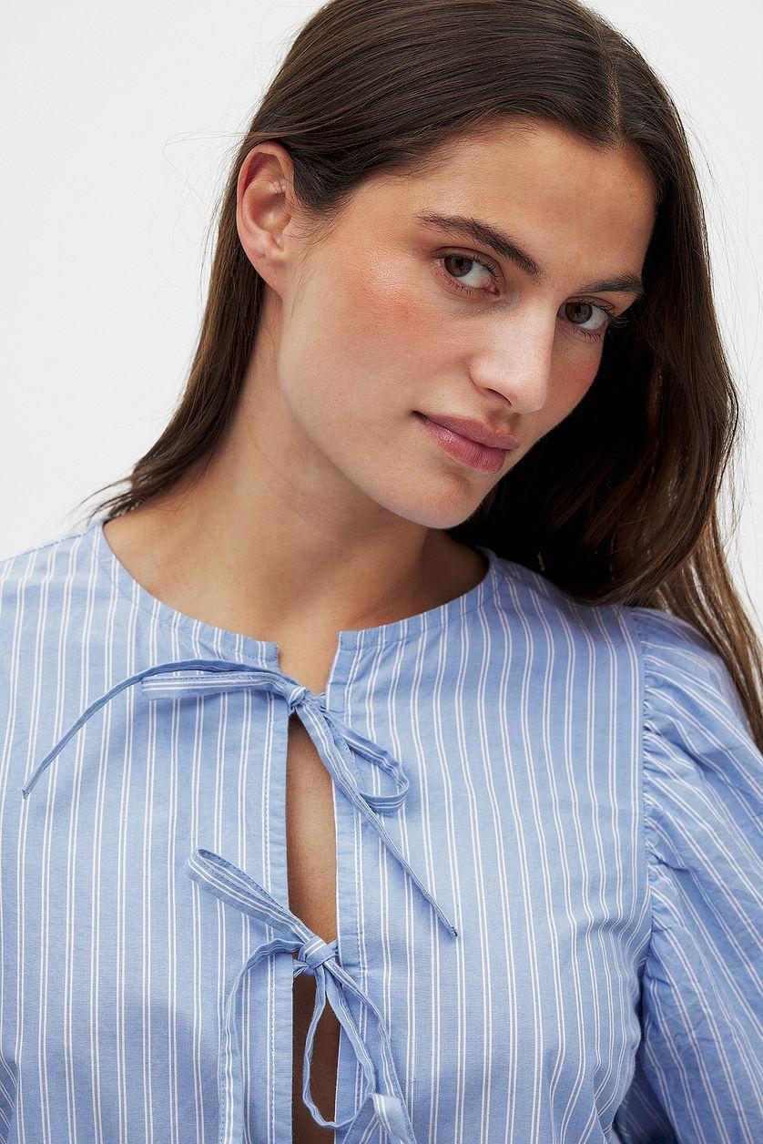 Cotton Puff Sleeve Tie Front Blouse Product Image