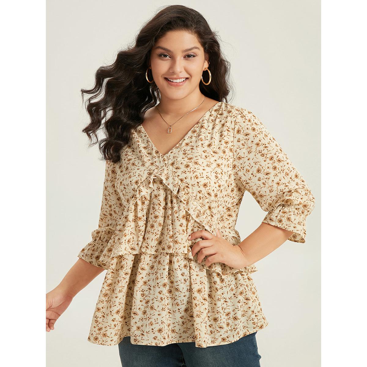 Plus Size Apricot Ditsy Floral Tiered Ruffles Gathered Blouse Women Elegant Elbow-length sleeve V-neck Dailywear Blouses BloomChic 12/L Product Image