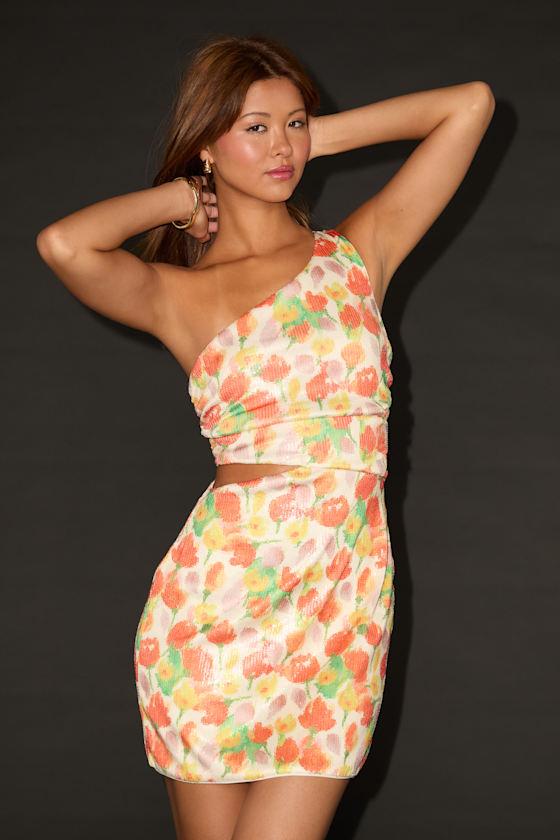 Carissa White Multi Floral Sequin One-Shoulder Mini Dress Product Image
