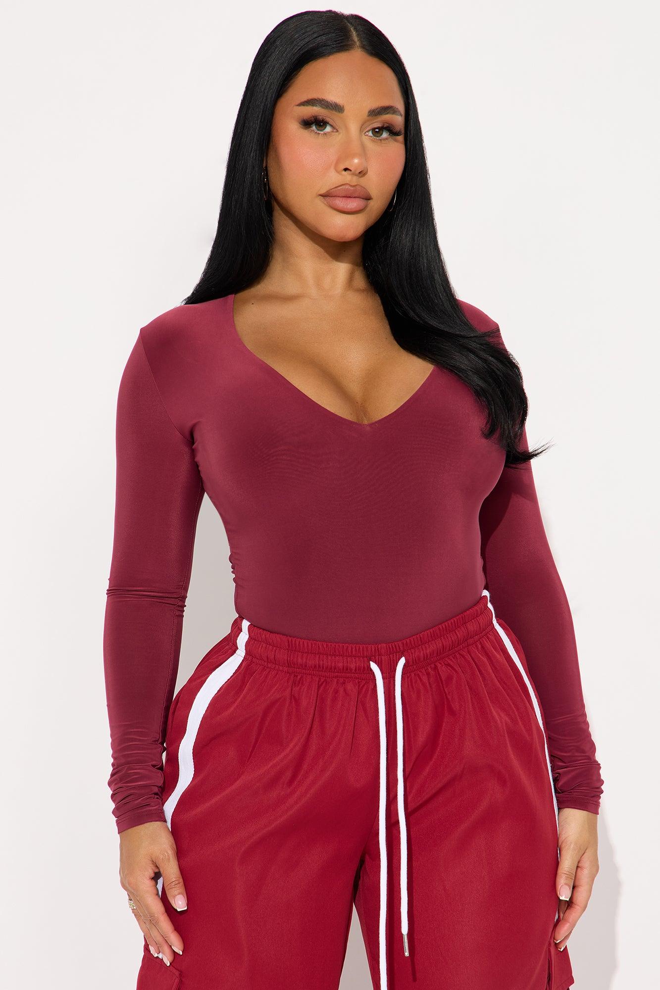 Take The Plunge Lined Long Sleeve Bodysuit - Burgundy Female Product Image