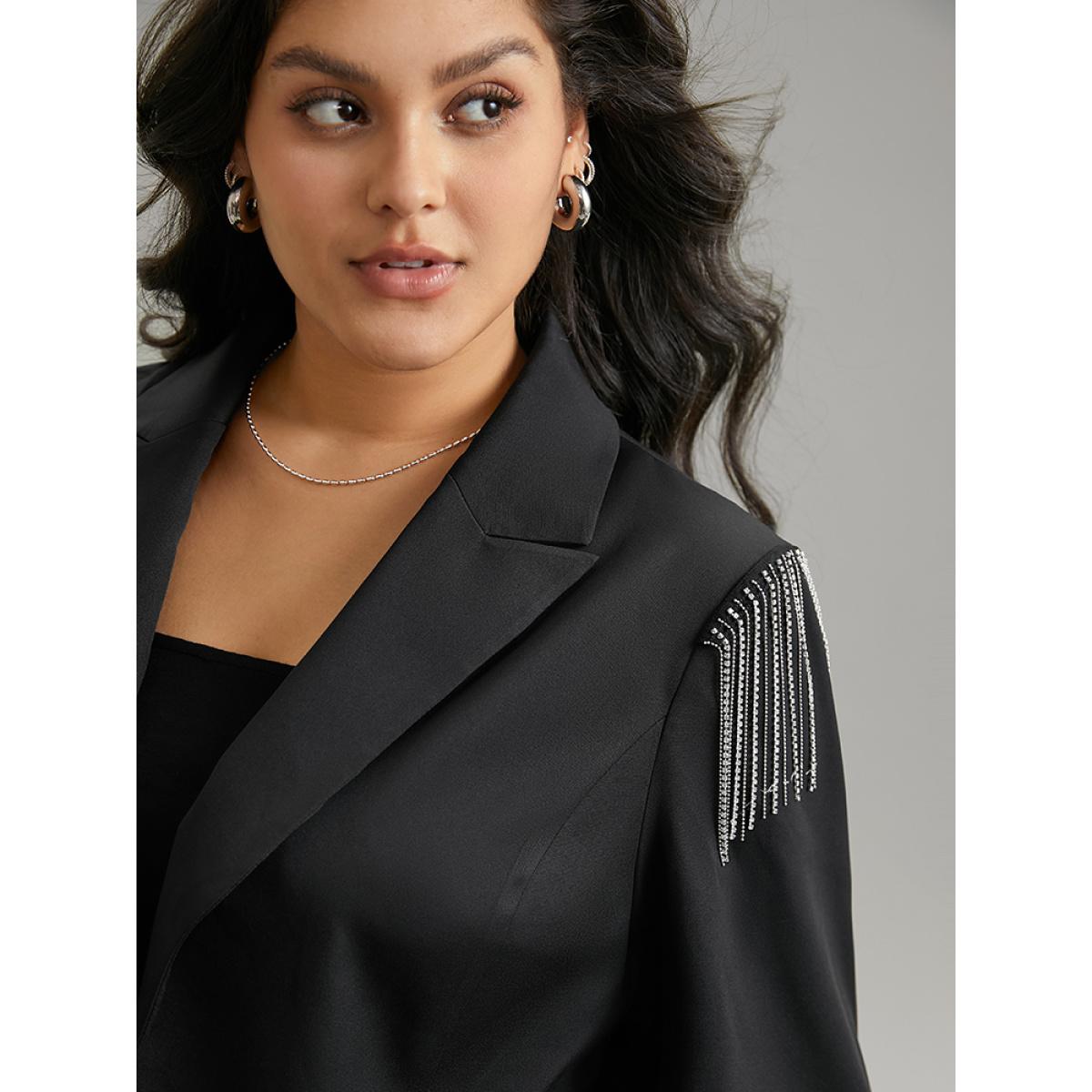 Plus Size Solid Suit Collar Tassel Trim Blazer Black Women Dailywear Plain Tassels Sleeve Long Sleeve Suit Collar 12/L Elegant Blazers BloomChic Product Image