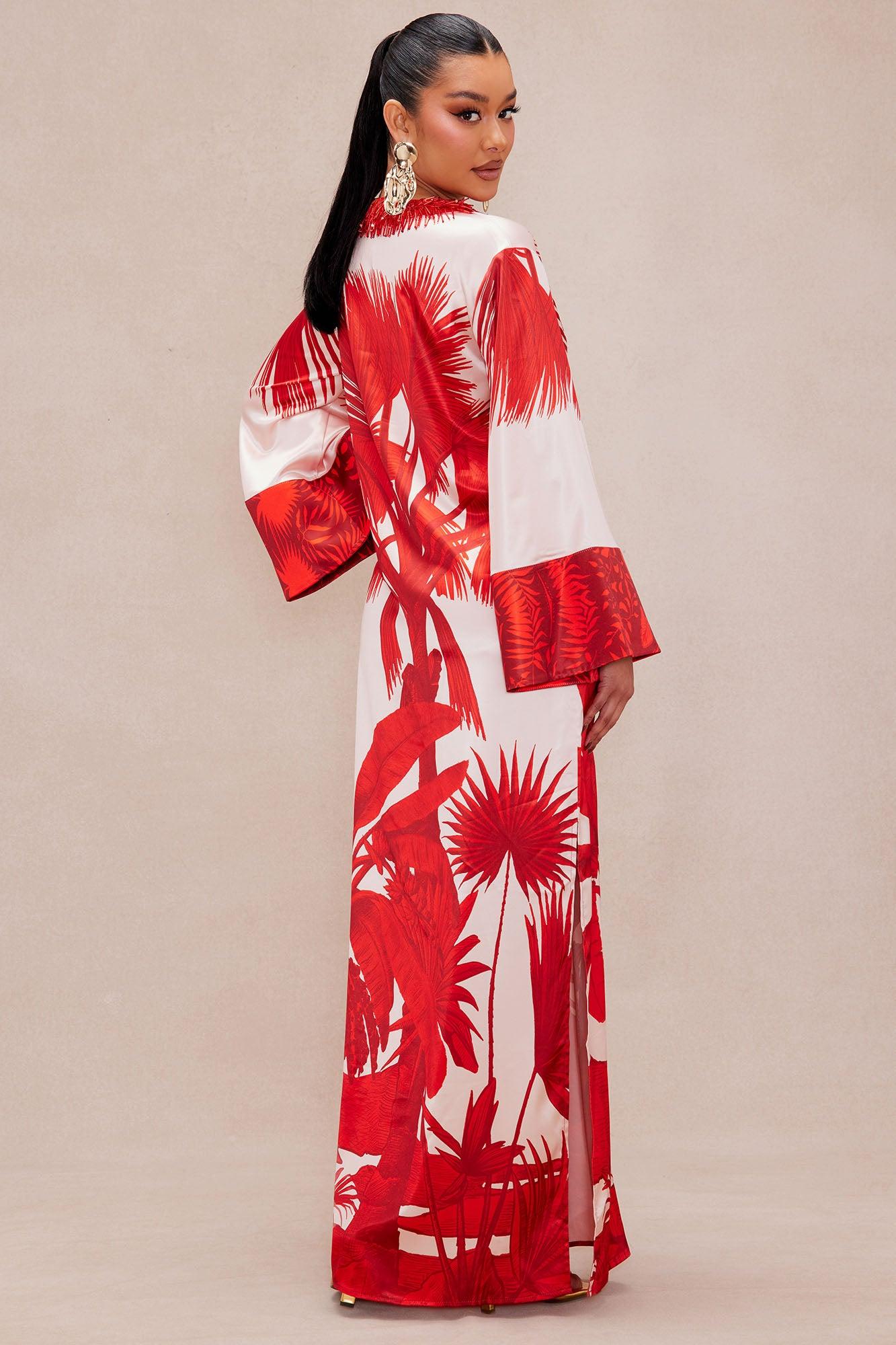 Selena Satin Kaftan Maxi Dress - Red/combo Product Image