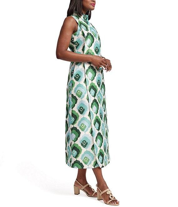 FRANCES VALENTINE Carlyle Dupion Graphic Leaf Mock Neck Sleeveless Midi Dress Product Image