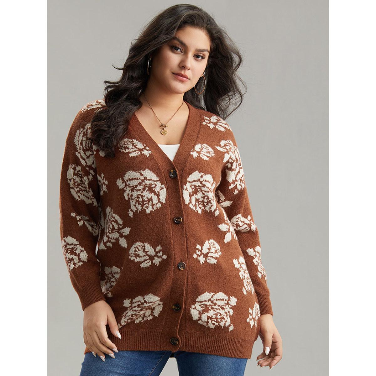 Plus Size Anti-Pilling Floral Print Drop Shoulder Cardigan Chocolate Women Casual Loose Long Sleeve Dailywear Cardigans BloomChic 14-16/1X Product Image