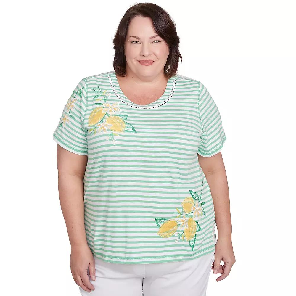 Plus Size Alfred Dunner Lemon Printed Striped Tee, Women's, Size: 2XL, Green Product Image