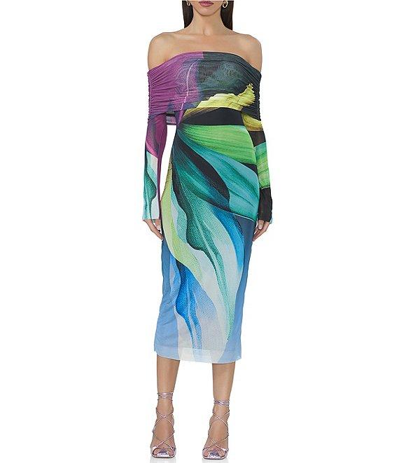 AFRM Cornelia Printed Off the Shoulder Long Sleeve Mesh Midi Dress Product Image