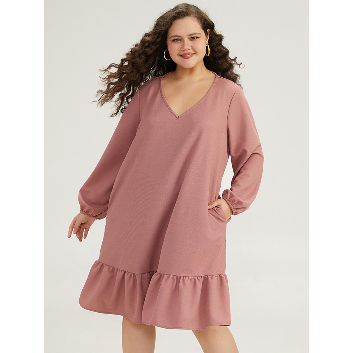 Plus Size Plain Waffle Knit Pleated Texture Ruffle Hem Dress Rouge Women Casual Elastic cuffs V-neck Long Sleeve Curvy Midi Dress BloomChic 30/6X Product Image