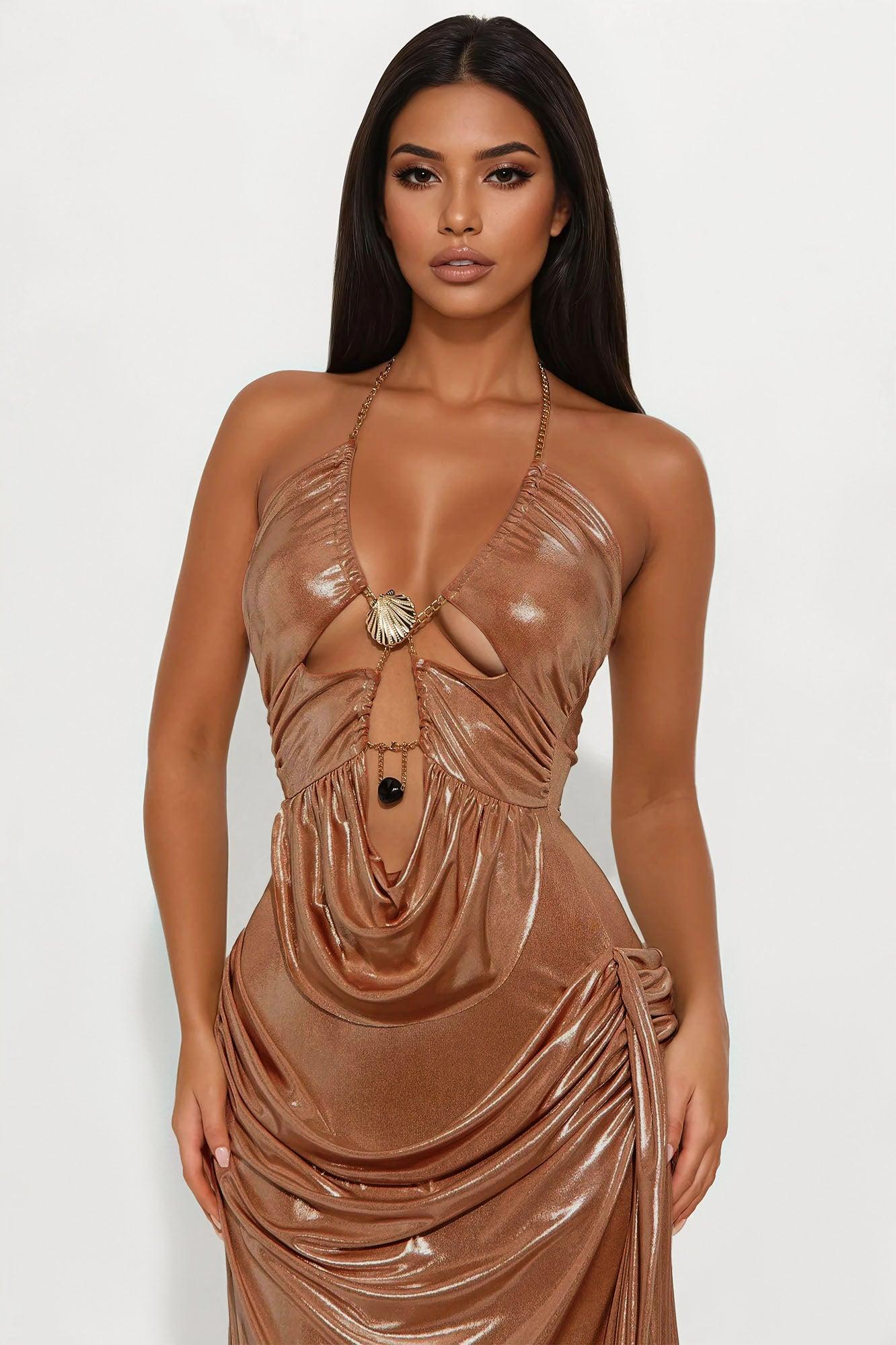 Mira Draped Metallic Maxi Dress - Copper Female Product Image