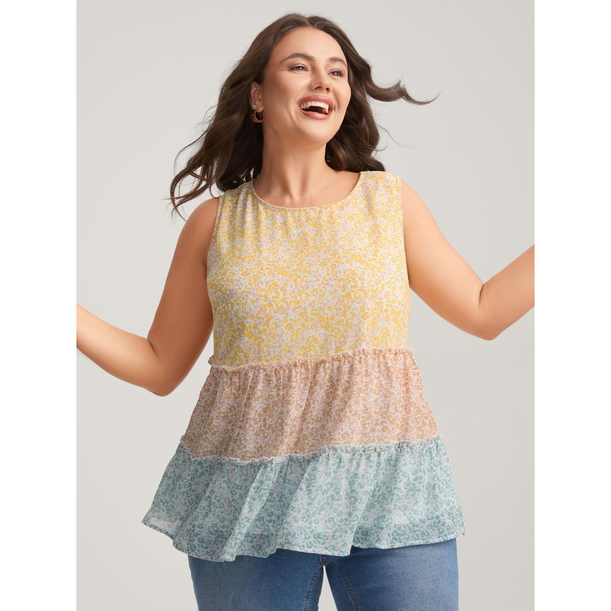 Plus Size Chiffon Color Block Tiered Tank Top Women Multicolor Timeless Gathered Round Neck Elegant Tank Tops Camis BloomChic 26/4X Product Image