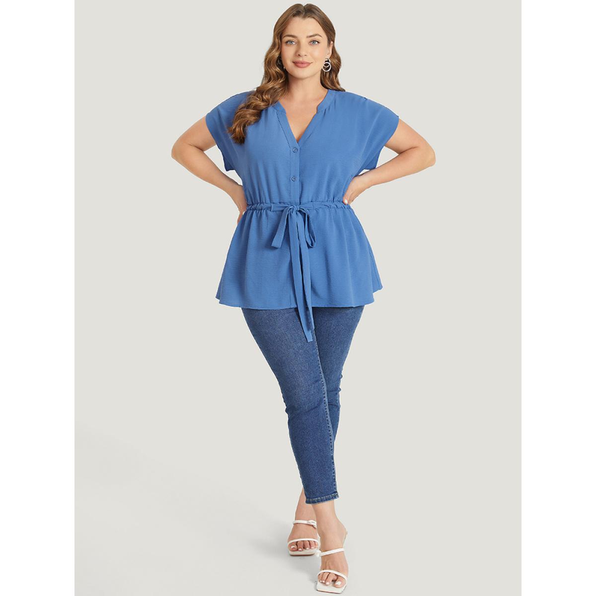 Plus Size DarkBlue Solid Drawstring Notched Batwing Sleeve Button Up Blouse Women Office Short sleeve V-neck Work Blouses BloomChic 22-24/3X Product Image