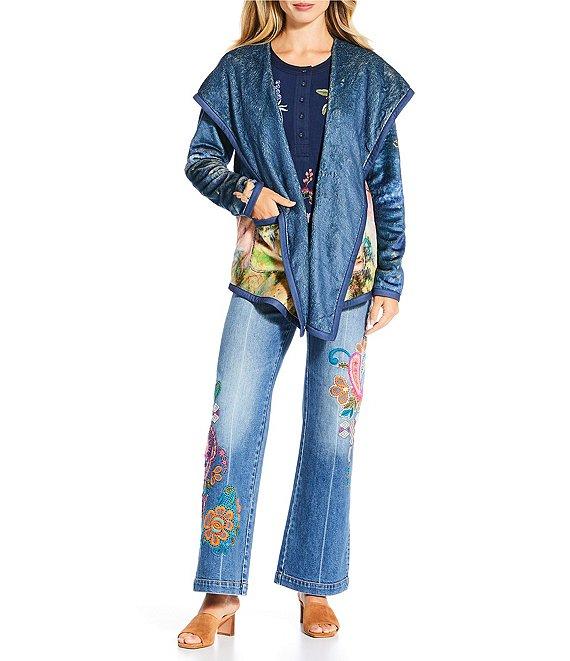 JOHNNY WAS Joan Reversible Print To Solid Sherpa Knit Shawl Collar Long Sleeve Open-Front Hooded Jacket Product Image