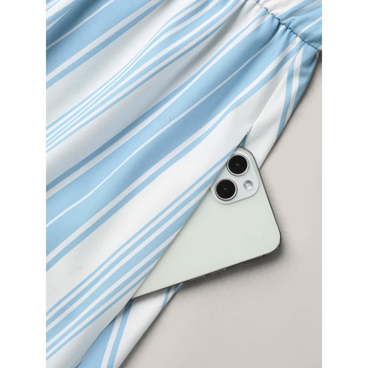 Plus Size Nautical Stripes Neck Tie Midi Dress Cerulean Women Casual Wraparound straps V-neck Half Sleeve Curvy BloomChic 14-16/1X Product Image