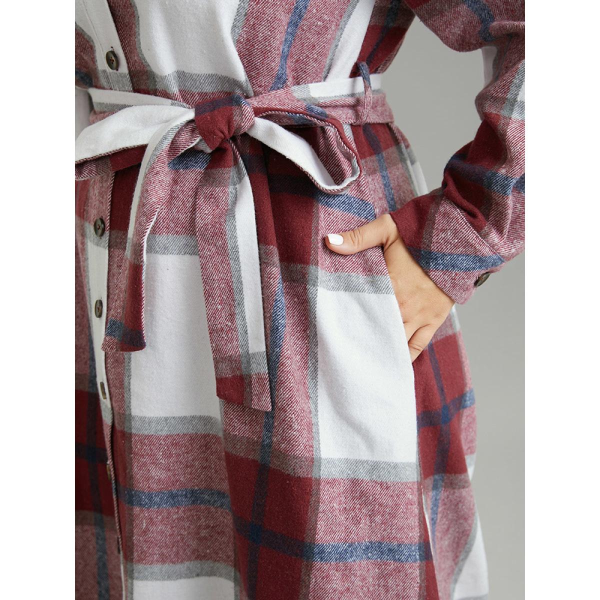 Plus Size Plaid Shirt Collar Button Through Belted Dress Scarlet Women Casual Belted Shirt collar Long Sleeve Curvy Midi Dress BloomChic 12/L Product Image