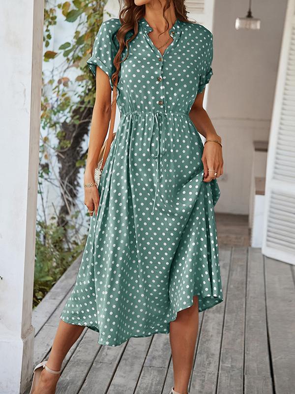 A-Line High Waisted Buttoned Drawstring Polka-Dot V-Neck Midi Dresses Product Image