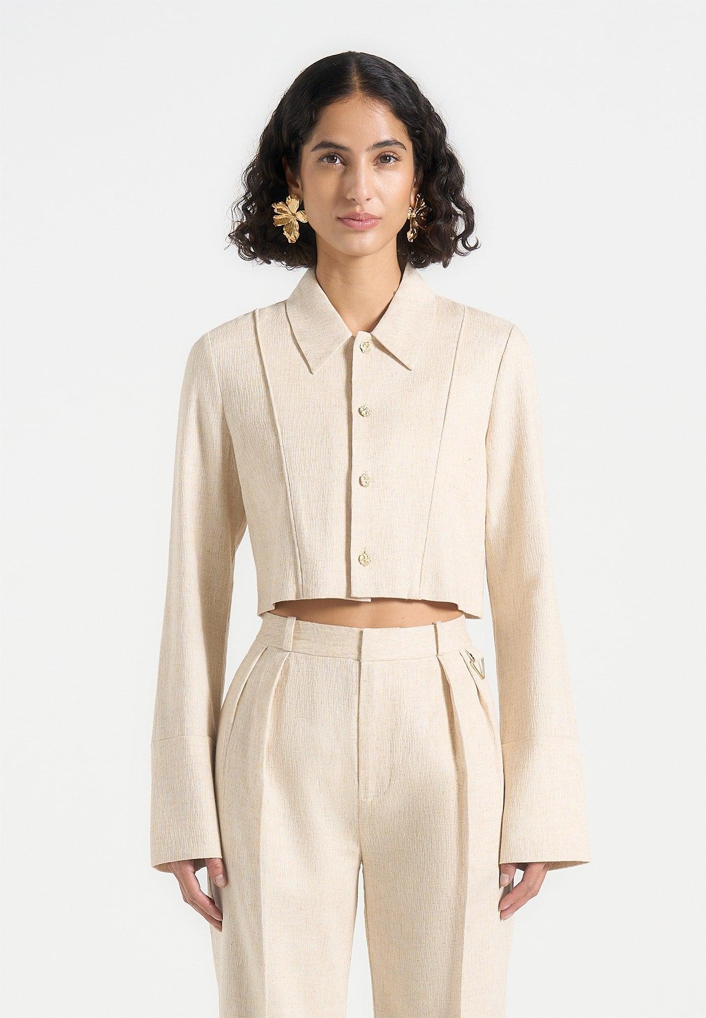Florine - Linen Pintuck Cropped Shirt - Natural Female Product Image