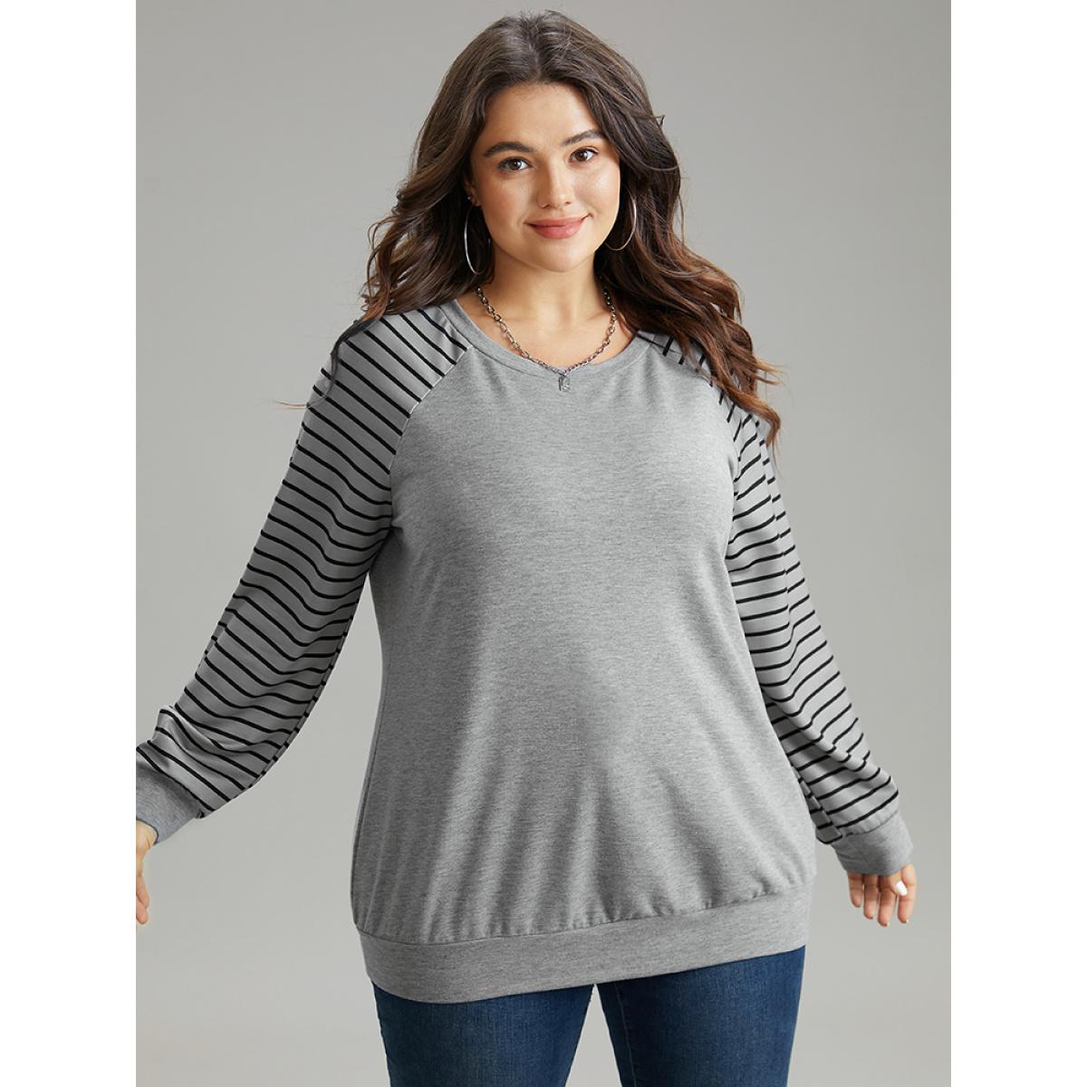 Plus Size Striped Patchwork Crew Neck Raglan Sleeve Sweatshirt Women Gray Casual Contrast Round Neck Dailywear Sweatshirts BloomChic 28/5X Product Image