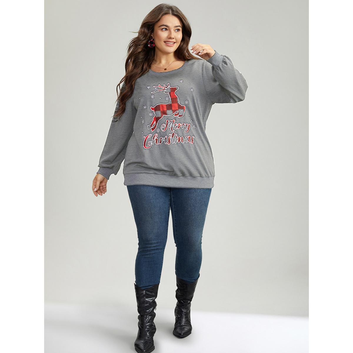Plus Size Christmas Elk Round Neck Sweatshirt Women Gray Casual Printed Festival-Christmas Sweatshirts BloomChic 18-20/2X Product Image