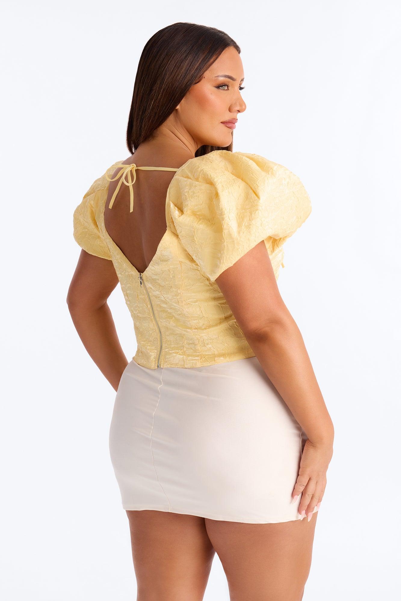 Royal Attitude Puff Sleeve Lace Up Top - Butter Yellow Female Product Image
