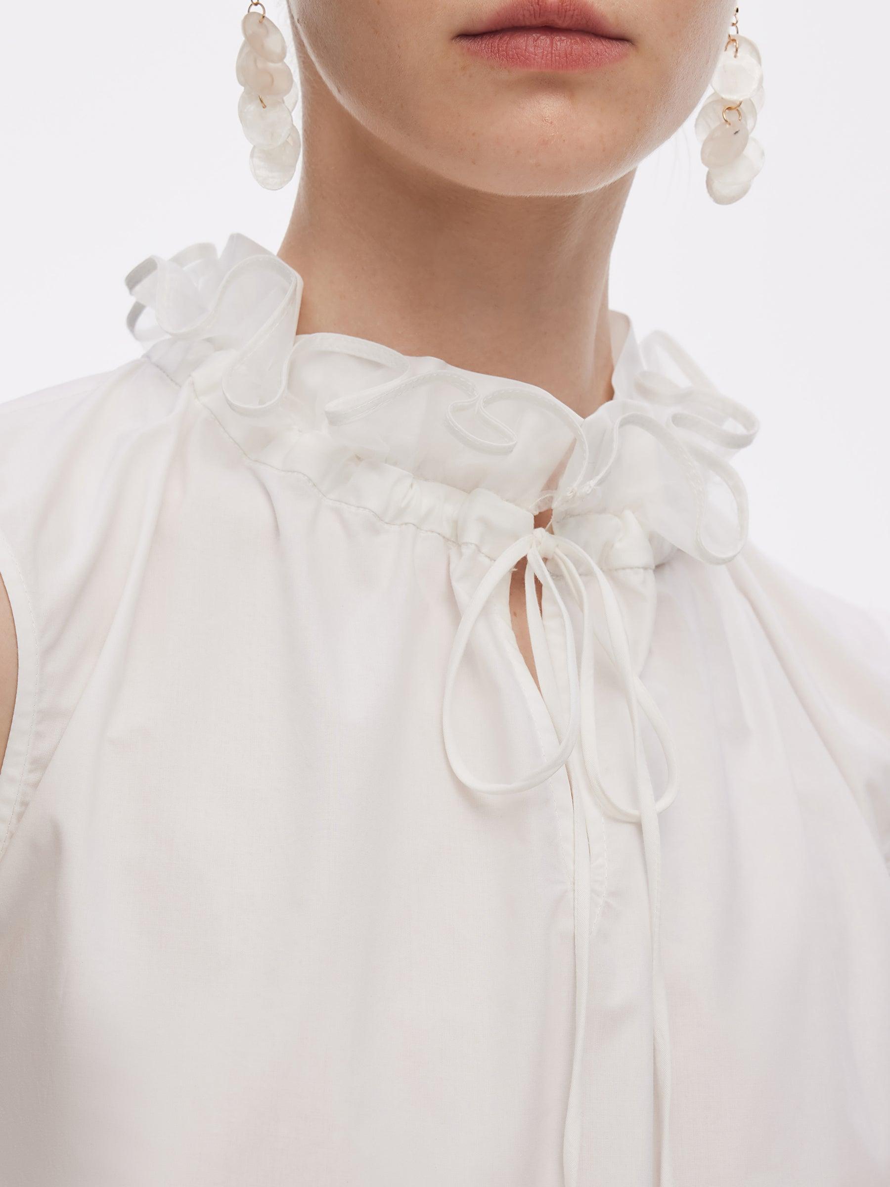 100% Cotton Ruffled Collar Women Sleeveless Blouse Product Image