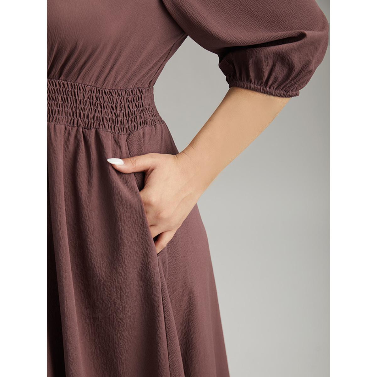 Plus Size Solid Notched Lantern Sleeve Shirred Dress Eggplant Women Office Elastic cuffs Notched collar Elbow-length sleeve Curvy Midi Dress BloomChic 10/M Product Image