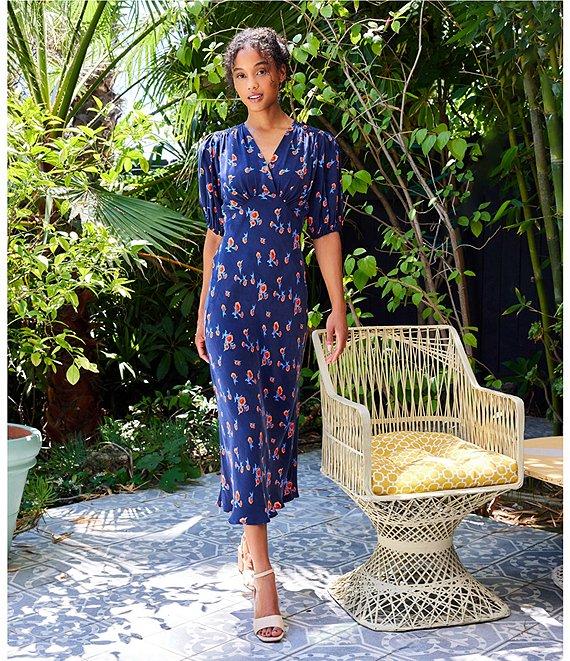 Karen Kane Carnation Print V-Neck Short Puff Sleeve A-Line Midi Dress Product Image