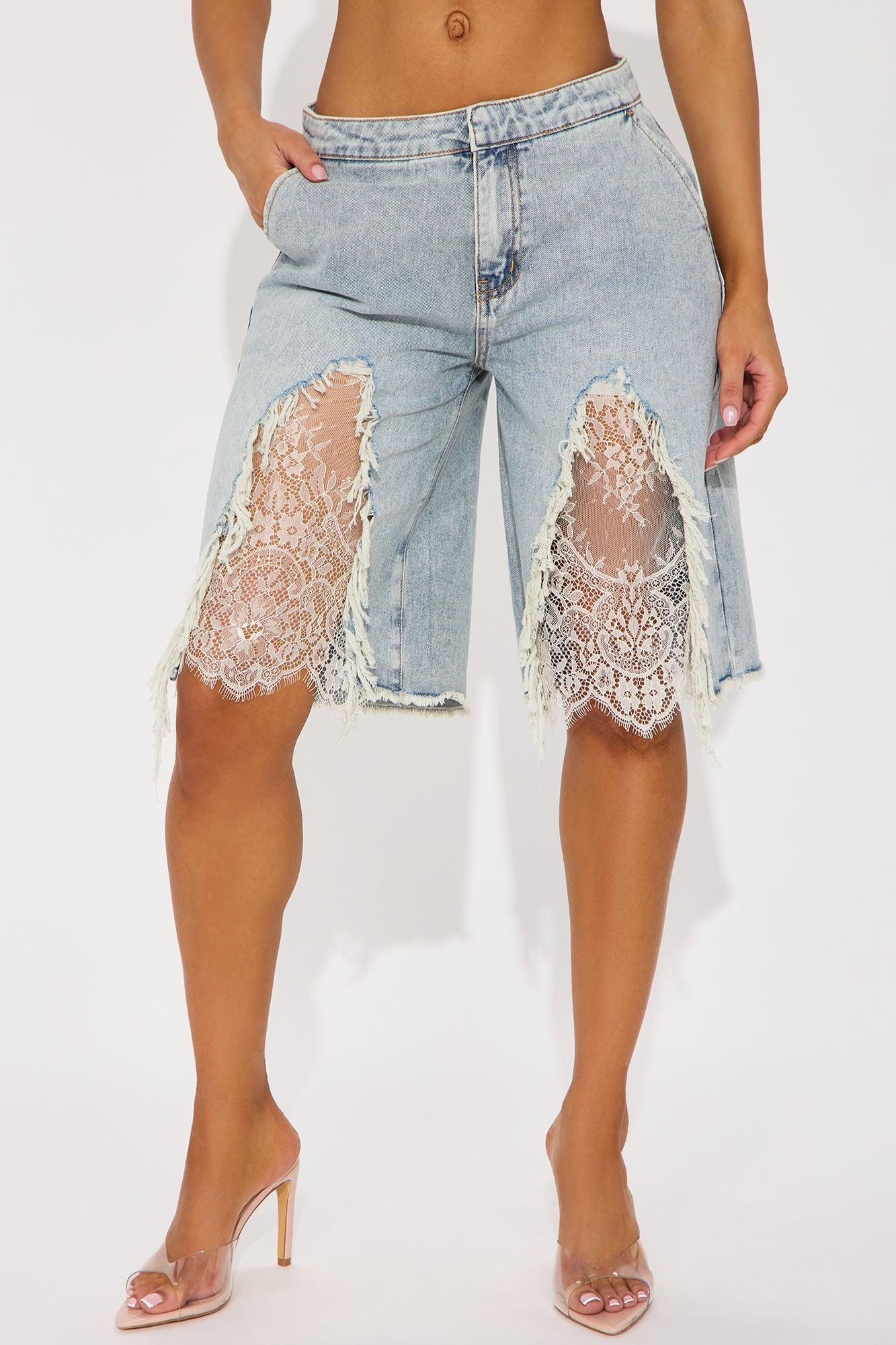The Way It Goes Lace Detail Denim Jorts - Light Wash Product Image