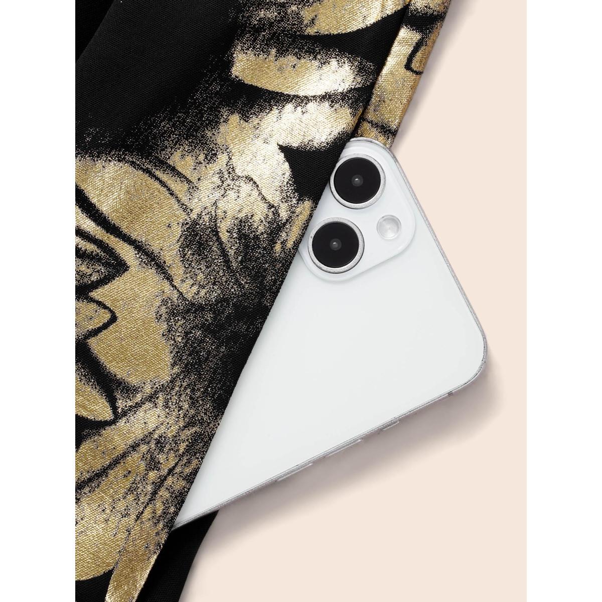 Plus Size Brush Glitter Pocket Patchwork Dress Black Women Party Printed V-neck Long Sleeve Curvy Midi Dress BloomChic 18-20/2X Product Image