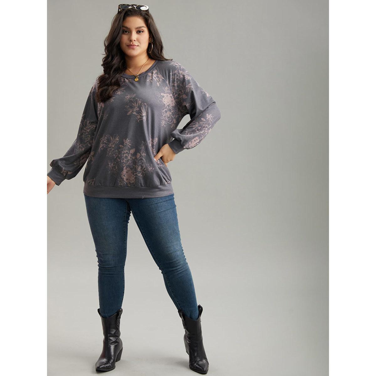Plus Size Floral Print Round Neck Raglan Sleeve Sweatshirt Women Gray Elegant Heather Round Neck Dailywear Sweatshirts BloomChic 14-16/1X Product Image
