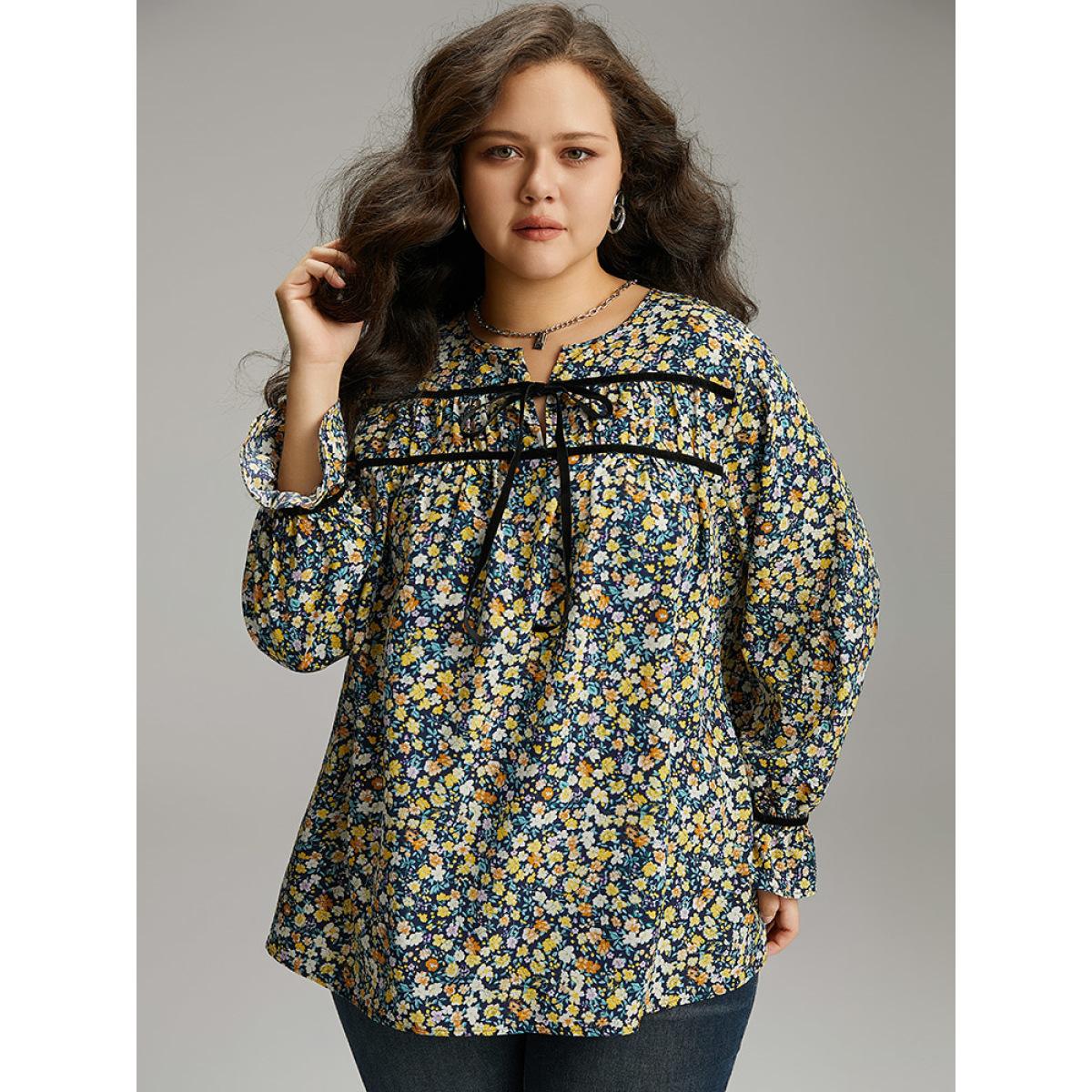 Plus Size Indigo Ditsy Floral Ties Contrast Trim Blouse Women Elegant Long Sleeve Tie Neck Dailywear Blouses BloomChic 30/6X Product Image