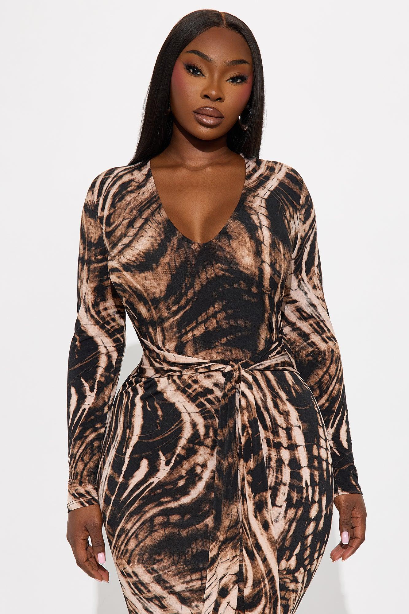 Lizzy Printed Long Sleeve Midi Dress - Brown/combo Female Product Image